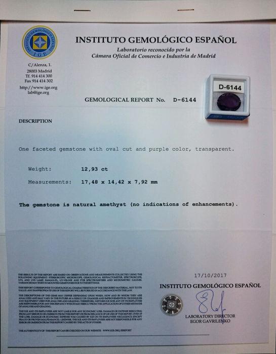 Certificat amethyste 12 93 c est 3 400
